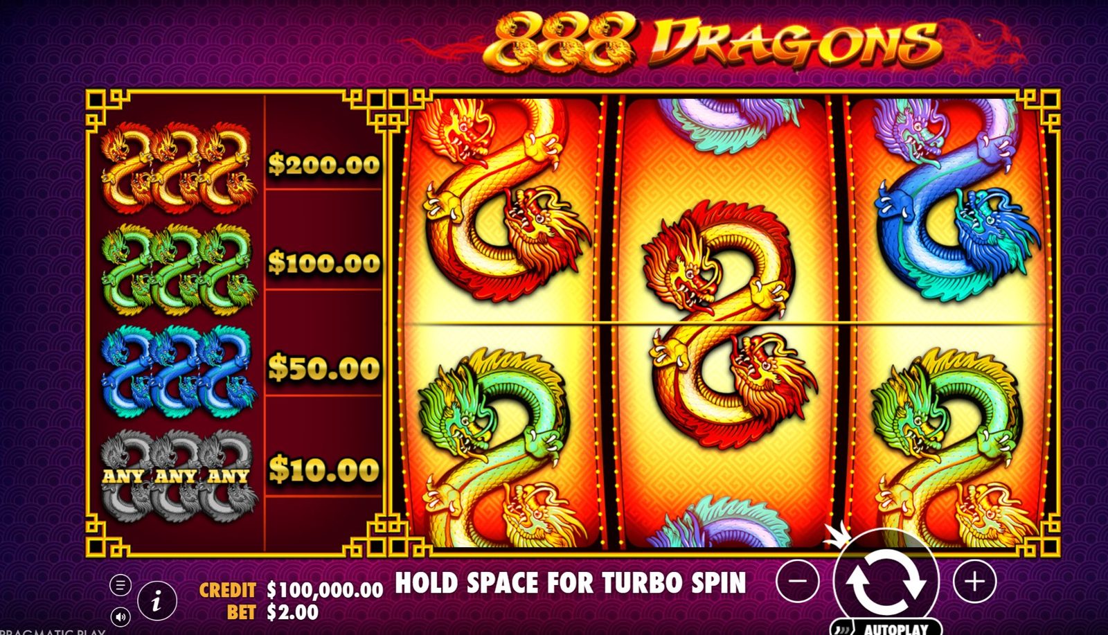 888 Dragons slot main gameplay screen showing 3x3 reels with red, green, and blue dragons, paytable values $200/$100/$50/$10, and bet controls
